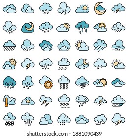Cloudy weather icons set. Outline set of cloudy weather vector icons thin line color flat on white