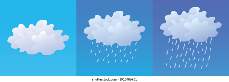 Cloudy weather, light and heavy rain gray clouds in a dark blue sky, rainfall intensity forecast cartoon icons set, flat vector illustration.