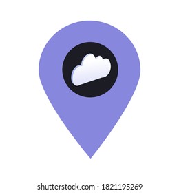 Icono del puntero del pin del mapa de ubicación climática nublada. Elemento de punto de mapa para concepto móvil y aplicaciones web. Icono para el diseño de sitios web y desarrollo de aplicaciones. Señal de icono plana de computación en nube premium.