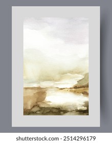Cloudy weather over mountain river flowing in rocky area, on gloomy watercolor poster. Cloudy landscape over lake or pond in mountainous area for design of books about climate and ecology
