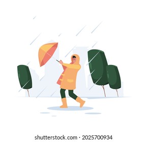 Cloudy weather. Rainy cold time urban landscape walking peoples with umbrellas seasonal persons garish vector flat background