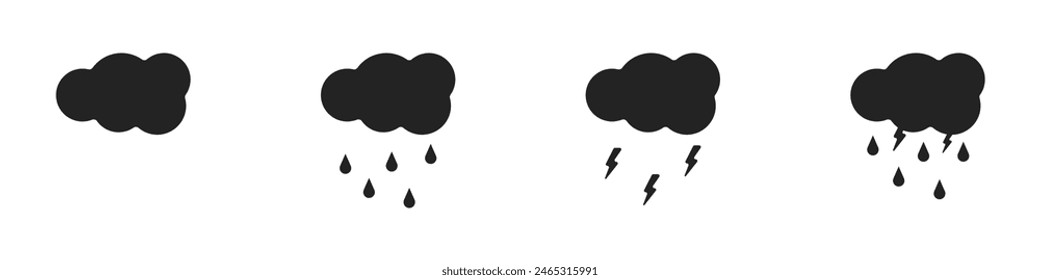 Vector de Clima nublado. Conjunto de íconos de pronóstico de Clima. colección de nubes con lluvia y rayos. Vector de nube negra. Ilustración vectorial.