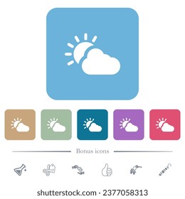 Iconos planos blancos y climáticos nublados sobre fondo cuadrado redondeado de color. 6 iconos de bonificación incluidos