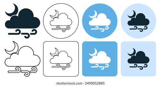 noche nublada y ventosa, pronóstico de Clima de viento símbolo de la brisa línea de trazo y glifo