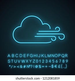 Cloudy windy weather neon light icon. Clouds and wind. Overcast. Weather forecast. Glowing sign with alphabet, numbers and symbols. Vector isolated illustration