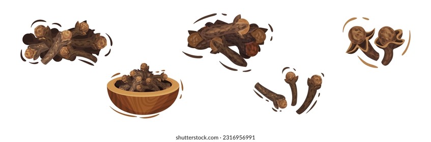 Clove Aromatic Dried Spice and Seasoning Pile in Bowl Vector Set