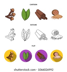 Clove, bay leaf, nutmeg, cinnamon.Herbs and spices set collection icons in cartoon,outline,flat style vector symbol stock illustration web.
