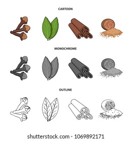 Clove, bay leaf, nutmeg, cinnamon.Herbs and spices set collection icons in cartoon,outline,monochrome style vector symbol stock illustration web.