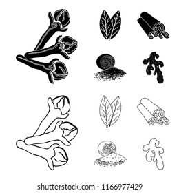 Clove, bay leaf, nutmeg, cinnamon.Herbs and spices set collection icons in black,outline style vector symbol stock illustration web.