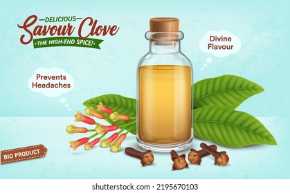 Clove Oil Bottle With Dried Cloves And Its Plant Vector Illustration