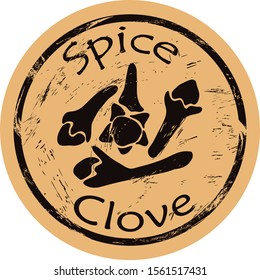 Clove spice view icon vector round shabby emblem design, old retro style. Seasonal spice ingredient logo mail stamp on craft paper. Cooking and aromatherapy ingredient vintage grunge sign.