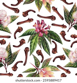 Clove spices seamless pattern on white background, vector illustration. Hand drawn.