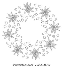 Clove, Star Anise and wild berries Outline mulled wine spice set Circle frame border idea Copy space