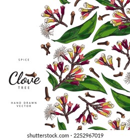 Clove tree banner template with text, sketch vector illustration on white background. Clove tree flower buds with leaves and blooming flowers. Aromatic spice for cooking and alternative medicine.