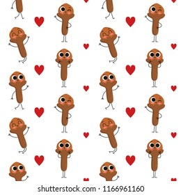 Clove, vector seamless pattern with cute cartoon spice characters isolated on white with hearts