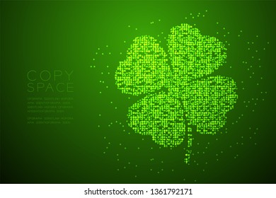 Clover 4 leaf shape Particle Geometric Bokeh circle dot pixel pattern green color illustration on green gradient background with copy space; vector eps 10