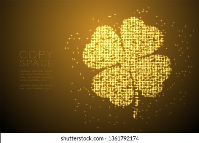 Clover 4 leaf shape Particle Shiny Bokeh star pattern gold color illustration on brown gradient background with copy space; vector eps 10