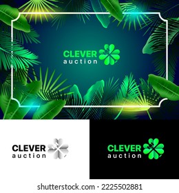 Clover auction-bot premium green logotype. Symbol with plant leaves. Tropical background with leaves and neon lights.