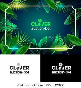 Clover auction-bot premium green logotype. Symbol with plant leaves. Tropical background with leaves and neon lights.