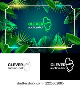 Clover auction-bot premium green logotype. Symbol with plant leaves. Tropical background with leaves and neon lights.