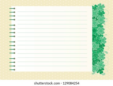 Clover background with copy space. Vector abstract  St. Patrick's Day background with clover leaves and page of  spiral notebook