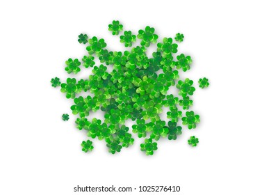 Clover Background in round circle shape with four leaves green shamrock plant heap with realistic shadows. For Patrick's Day greeting, celebration. 3d motion effect. Vector illustration