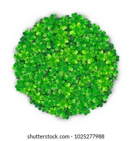 Clover Background in round circle shape with four leaves green shamrock plant heap with realistic shadows. For Patrick's Day greeting, celebration. 3d motion effect. Vector illustration