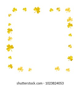Clover background for Saint Patricks Day. Lucky trefoil confetti. Glitter frame of shamrock leaves. Template for party invite, retail offer and ad. Festal clover background.
