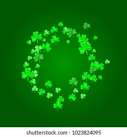 Clover background for Saint Patricks Day. Lucky trefoil confetti. Glitter frame of shamrock leaves. Template for voucher, special business ad, banner. Happy clover background.