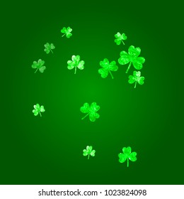 Clover background for Saint Patricks Day. Lucky trefoil confetti. Glitter frame of shamrock leaves. Template for poster, gift certificate, banner. Holiday clover background.