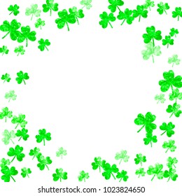 Clover background for Saint Patricks Day. Lucky trefoil confetti. Glitter frame of shamrock leaves. Template for flyer, special business offer, promo. Greeting clover background.