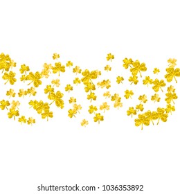 Clover background for Saint Patricks Day. Lucky trefoil confetti. Glitter frame of shamrock leaves. Template for gift coupons, vouchers, ads, events. Happy clover background.