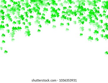 Clover background for Saint Patricks Day.  Lucky trefoil confetti. Glitter frame of shamrock leaves. Template for voucher, special business ad, banner. Irish clover background.