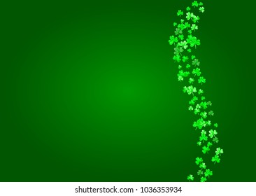 Clover background for Saint Patricks Day.  Lucky trefoil confetti. Glitter frame of shamrock leaves. Template for special business offer, banner, flyer. Irish clover background.