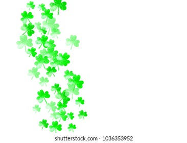 Clover background for Saint Patricks Day.  Lucky trefoil confetti. Glitter frame of shamrock leaves. Template for voucher, special business ad, banner. Greeting clover background.