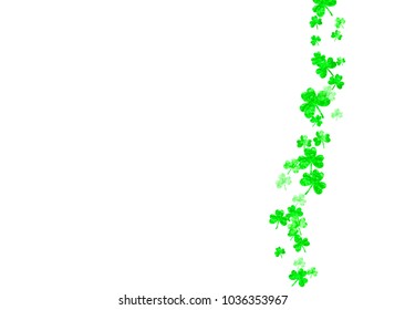 Clover background for Saint Patricks Day.  Lucky trefoil confetti. Glitter frame of shamrock leaves. Template for poster, gift certificate, banner. Dublin clover background.
