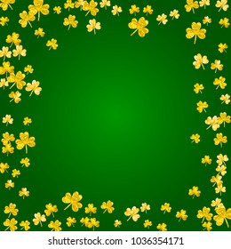 Clover background for Saint Patricks Day. Lucky trefoil confetti. Glitter frame of shamrock leaves. Template for special business offer, banner, flyer. Greeting clover background.