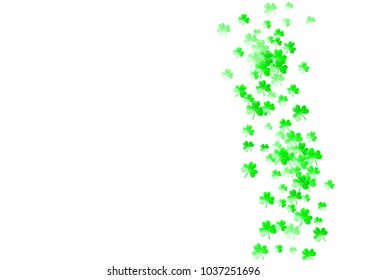 Clover background for Saint Patricks Day.  Lucky trefoil confetti. Glitter frame of shamrock leaves. Template for voucher, special business ad, banner. Festal clover background.