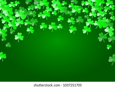 Clover background for Saint Patricks Day.  Lucky trefoil confetti. Glitter frame of shamrock leaves. Template for party invite, retail offer and ad. Happy clover background.