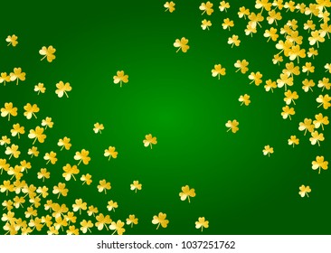 Clover background for Saint Patricks Day.  Lucky trefoil confetti. Glitter frame of shamrock leaves. Template for poster, gift certificate, banner. Holiday clover background.