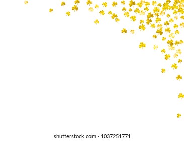 Clover background for Saint Patricks Day.  Lucky trefoil confetti. Glitter frame of shamrock leaves. Template for party invite, retail offer and ad. Dublin clover background.