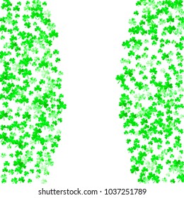 Clover background for Saint Patricks Day. Lucky trefoil confetti. Glitter frame of shamrock leaves. Template for poster, gift certificate, banner. Holiday clover background.