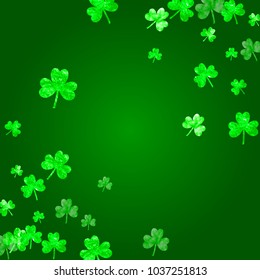 Clover background for Saint Patricks Day. Lucky trefoil confetti. Glitter frame of shamrock leaves. Template for party invite, retail offer and ad. Celtic clover background.