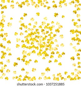 Clover background for Saint Patricks Day. Lucky trefoil confetti. Glitter frame of shamrock leaves. Template for gift coupons, vouchers, ads, events. Celtic clover background.
