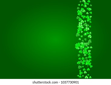 Clover background for Saint Patricks Day.  Lucky trefoil confetti. Glitter frame of shamrock leaves. Template for poster, gift certificate, banner. Festal clover background.