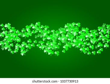 Clover background for Saint Patricks Day.  Lucky trefoil confetti. Glitter frame of shamrock leaves. Template for voucher, special business ad, banner. Holiday clover background.