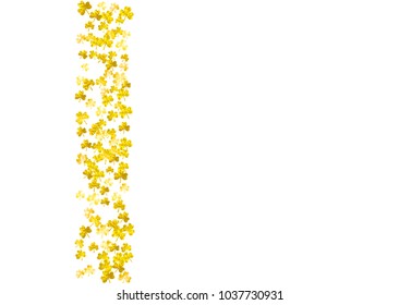 Clover background for Saint Patricks Day.  Lucky trefoil confetti. Glitter frame of shamrock leaves. Template for flyer, special business offer, promo. Festive clover background.