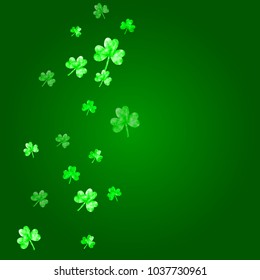 Clover background for Saint Patricks Day. Lucky trefoil confetti. Glitter frame of shamrock leaves. Template for party invite, retail offer and ad. Holiday clover background.