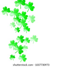 Clover background for Saint Patricks Day. Lucky trefoil confetti. Glitter frame of shamrock leaves. Template for voucher, special business ad, banner. Holiday clover background.