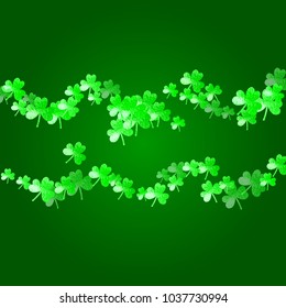 Clover background for Saint Patricks Day. Lucky trefoil confetti. Glitter frame of shamrock leaves. Template for gift coupons, vouchers, ads, events. Holiday clover background.